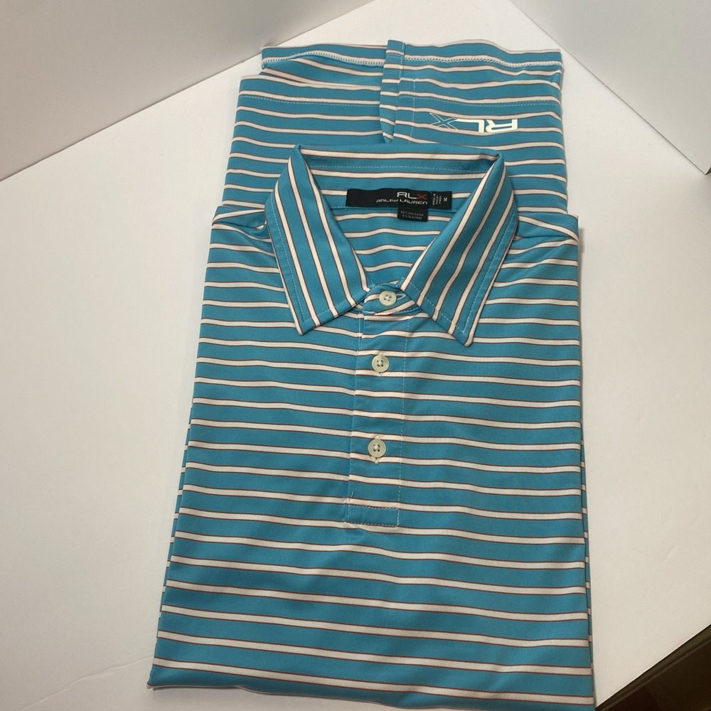 RLX Ralph Lauren Polo Mens Medium Blue White Striped Golf Performance Casual C1